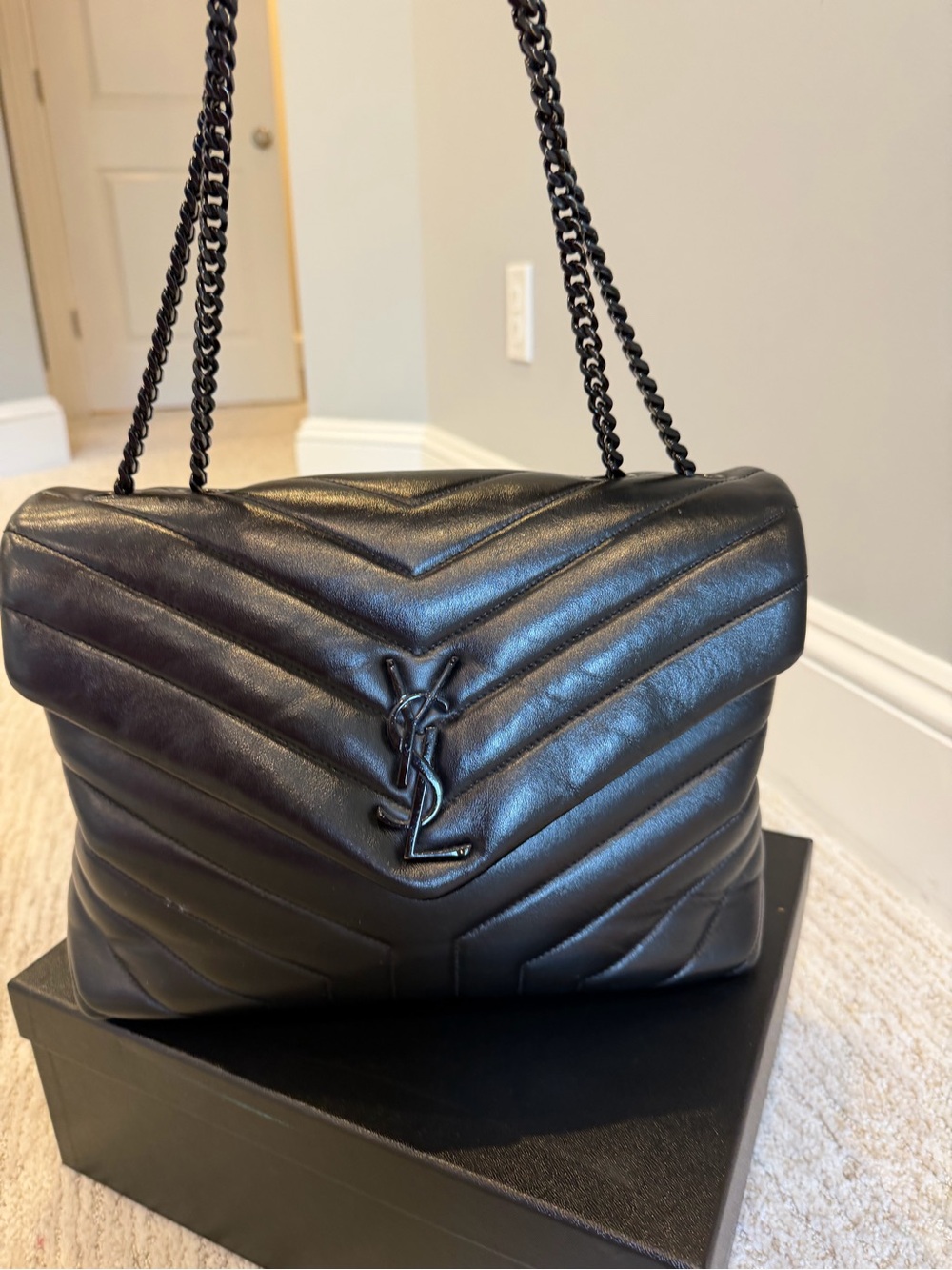 Saint Laurent Black Chevron Quilted Leather Shoulder Bag with Chain Strap